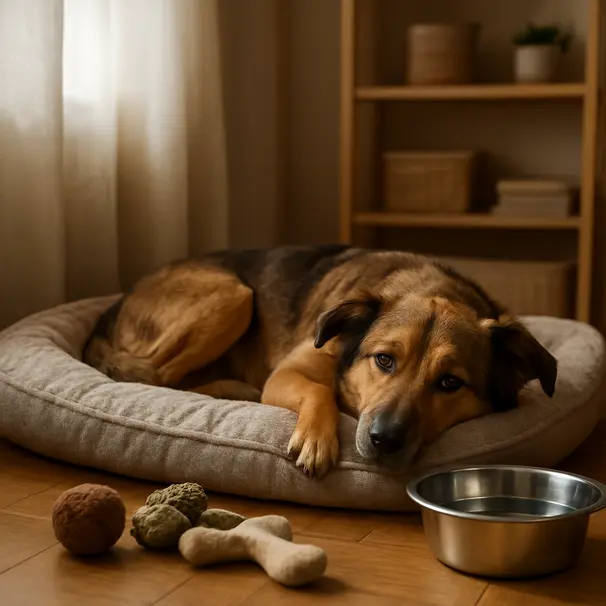 A mixed-breed dog resting on a plush bed in a sunlit corner of a living room with toys and a water bowl, showing a calm landing zone setup.