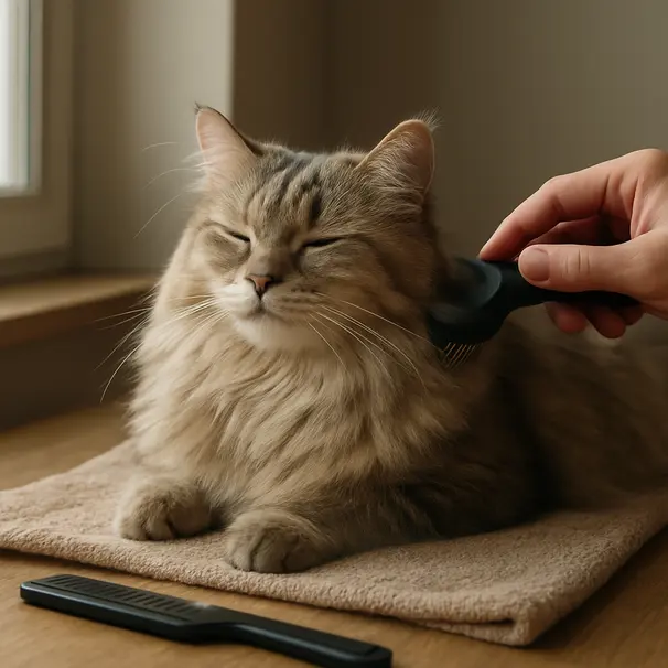 A long-haired cat being gently brushed on a towel by a person indoors near a window, grooming tools visible, showing a calm grooming session.
