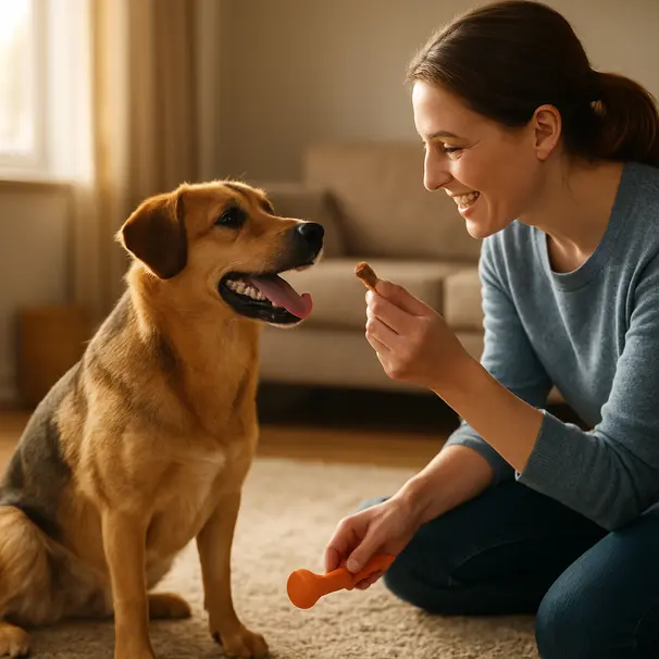 Pet carer che premia un cane di taglia media con un gioco e un bocconcino in casa, luce calda pomeridiana