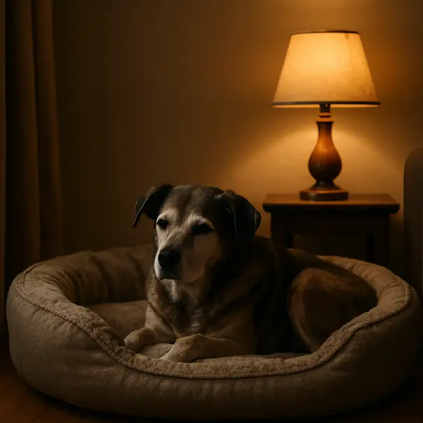 Cane anziano che riposa nella sua cuccia accogliente vicino a una lampada, atmosfera serena domestica