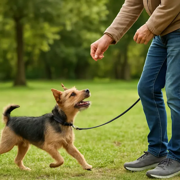 Terrier energico al parco che pratica un comando al guinzaglio con il proprietario, prato verde e alberi sullo sfondo