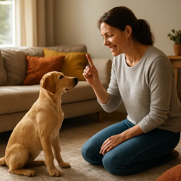 Donna che addestra un Labrador giovane in salotto, ambiente tranquillo, cane seduto mentre riceve un bocconcino
