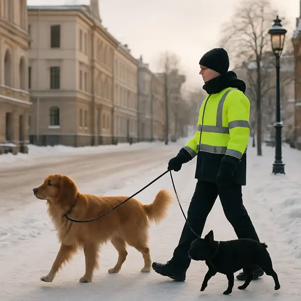 Lemmikkien hoitaja kävelee kahden koiran kanssa lumisella kaupungin kadulla, pakkasilma ja vanhat rakennukset taustalla.