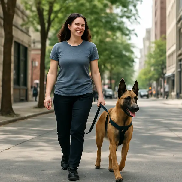 Belgian Malinois walking with a pet carer on a city sidewalk in daytime, showing an active urban walk and attentive dog.