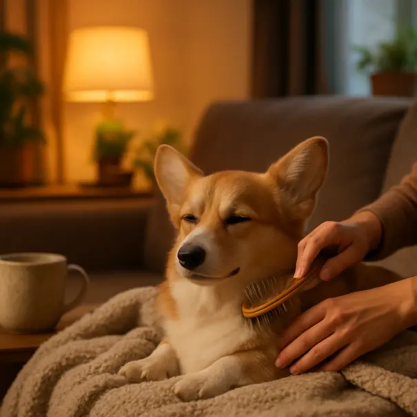 Pembroke Welsh Corgi being brushed by a pet carer on a blanket in a softly lit living room, showing a calm grooming moment.