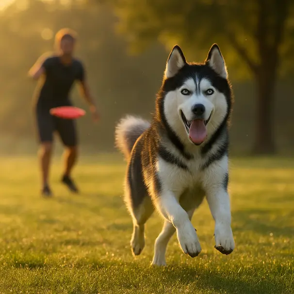 Siberian Husky running after a frisbee in a sunny park with owner visible in the background during morning play.