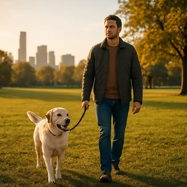 Dog carer che passeggia con un Labrador felice al parco durante il tramonto, ambiente urbano e naturale