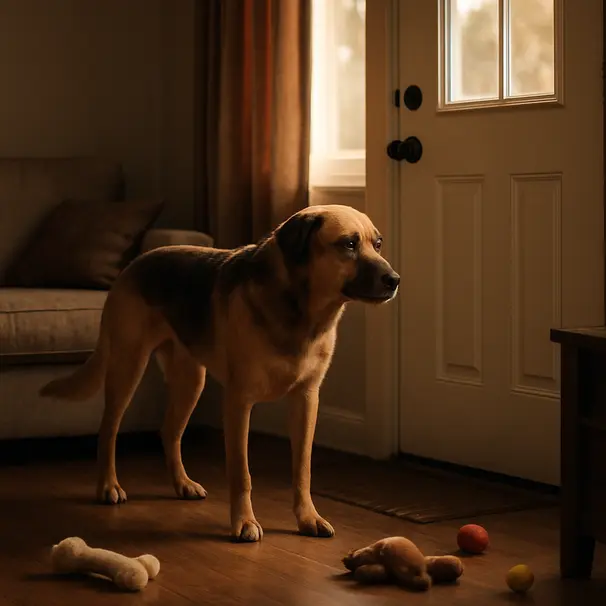 Cane di taglia media vicino alla porta, ambiente domestico, postura ansiosa e leggero movimento
