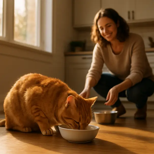 Ginger cat eating from a ceramic bowl on a wooden floor in a sunlit kitchen while owner refills water in the background