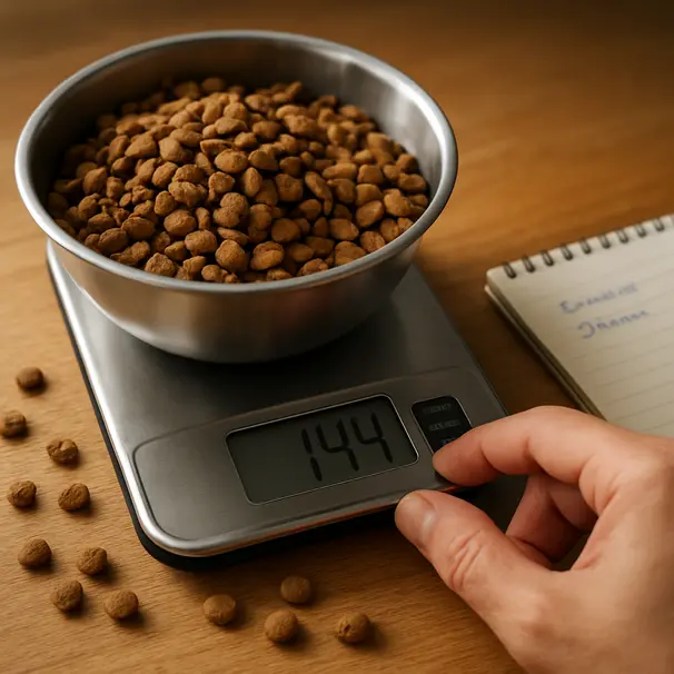 Digital kitchen scale measuring a bowl of dry cat food with a hand adjusting the scale and a feeding notes notepad nearby