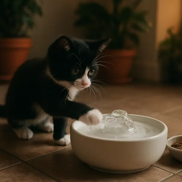 Black-and-white kitten playing with a bubbling water fountain next to a food dish on a tiled floor inside a cozy home