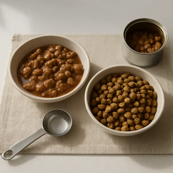 Top-down scene of wet food and dry kibble bowls on a clean kitchen mat with a measuring spoon and opened can nearby