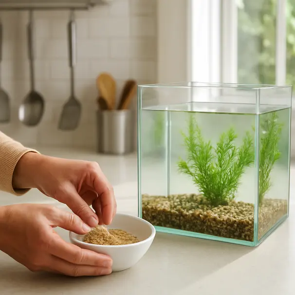 Hands thawing frozen brine shrimp in a bowl on a kitchen counter beside an aquarium