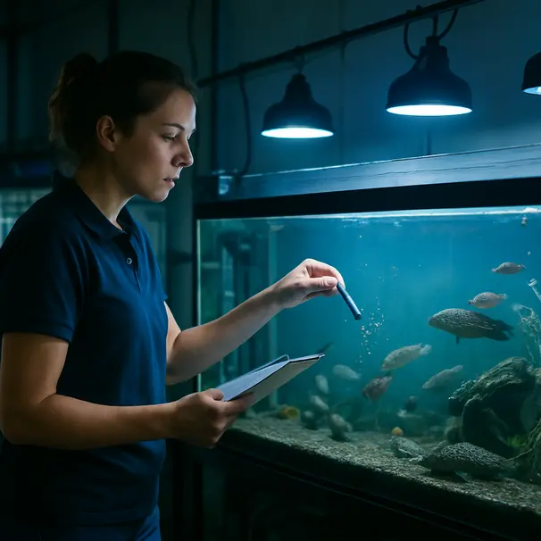 Pet carer consulting a feeding checklist while feeding sinking pellets in a large community aquarium at night