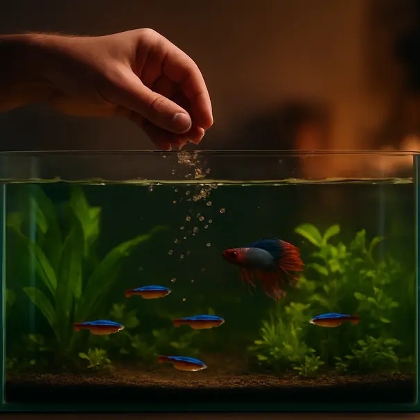 Person feeding a planted freshwater aquarium at dusk, tetras and a betta near the water surface