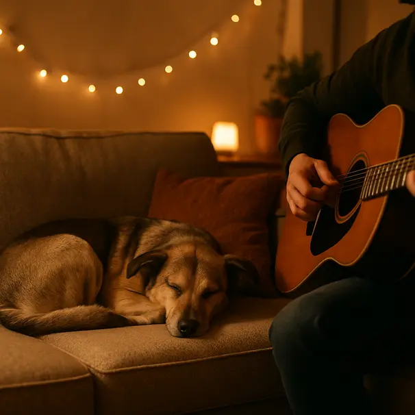 Medium mixed-breed dog resting on a couch under string lights while an owner plays an acoustic guitar in a warm indoor party setting