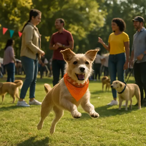 Small terrier wearing a colorful bandana jumping at a busy daytime park meetup with people and other dogs in the background