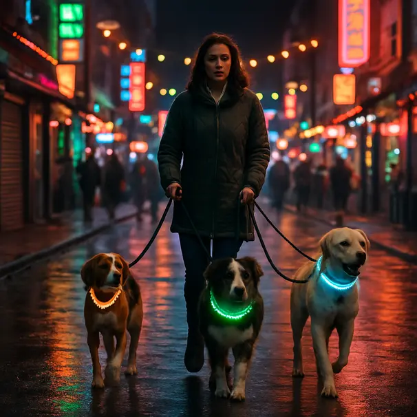 Pet carer walking multiple dogs at night on a neon-lit city street with festival-style lights and wet pavement