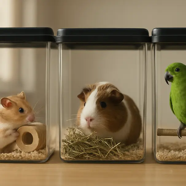 Kuva, jossa hamsteri, marsu ja undulaatti rauhallisissa häkeissään kodin sisätiloissa, tutustumassa ympäristöön.