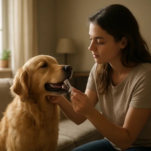 Una proprietaria che accarezza il muso di un golden retriever in salotto, preparando la pulizia dei denti
