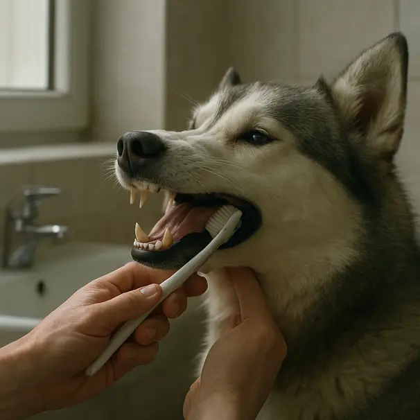 Primo piano delle mani che spazzolano i denti di un husky con uno spazzolino morbido in un bagno illuminato naturalmente