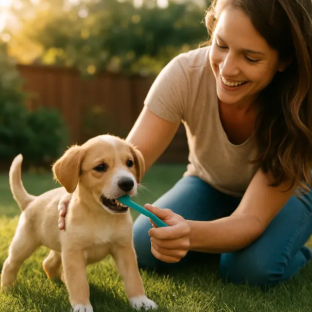 Cucciolo nel giardino con il proprietario che introduce uno spazzolino per cani, luce calda del tardo pomeriggio