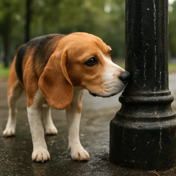 Beagle che annusa vicino a un palo con marcature odorose in un parco urbano