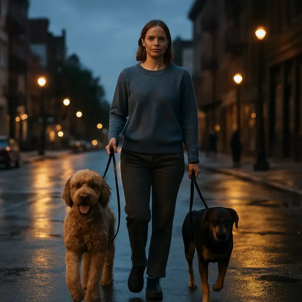 Pet sitter che passeggia due cani su una strada cittadina al crepuscolo