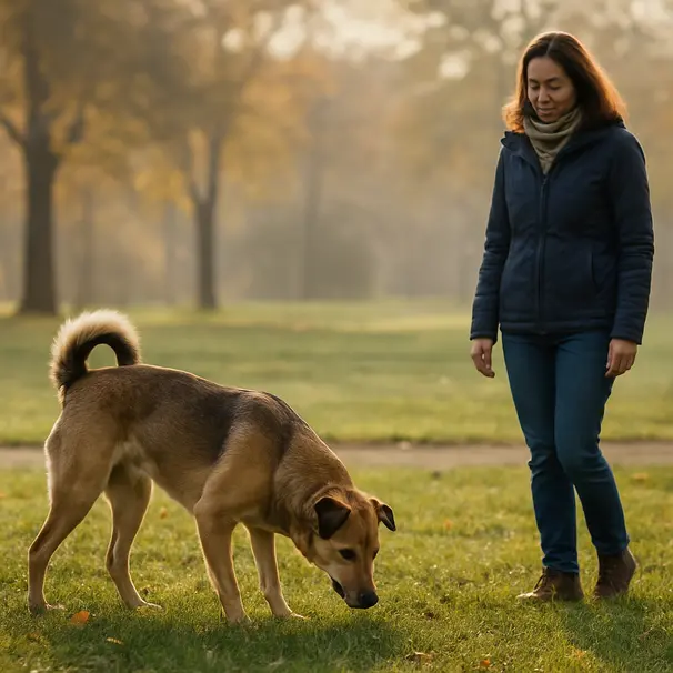 Proprietario tranquillo e cane che annusa l'erba in un parco mattutino