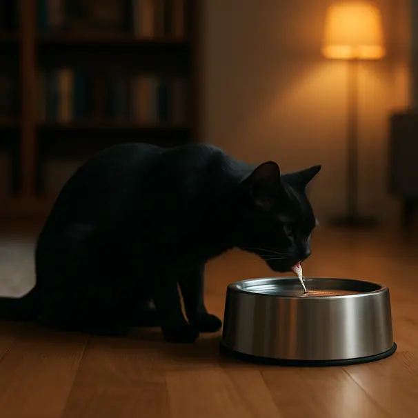 En sort kat drikker fra en vandfontæne i stuen om aftenen med blødt lampe lys