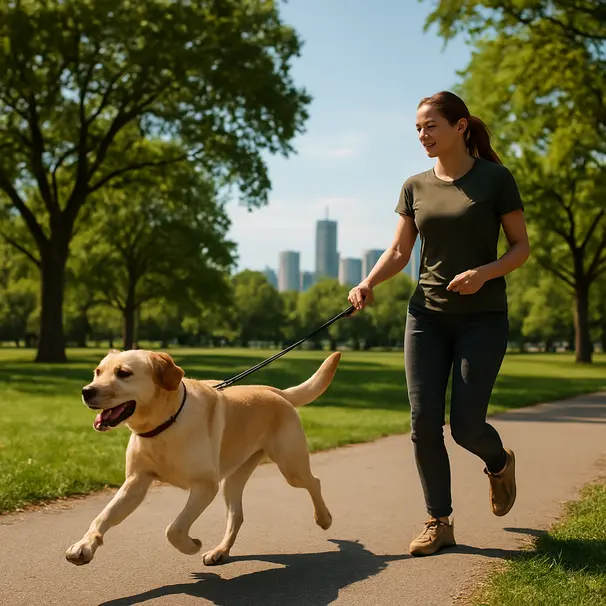 Pet carer wandelt met een actieve labrador in een stadspark, groene bomen en skyline op de achtergrond.
