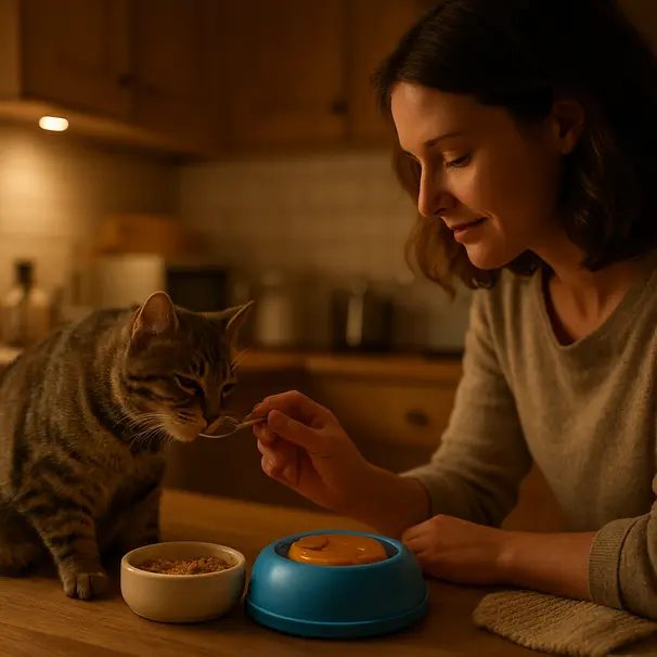 Een huisdierenoppas voert een kat in een warme keuken, speelt met een interactief speelgoed, zachte avondverlichting.