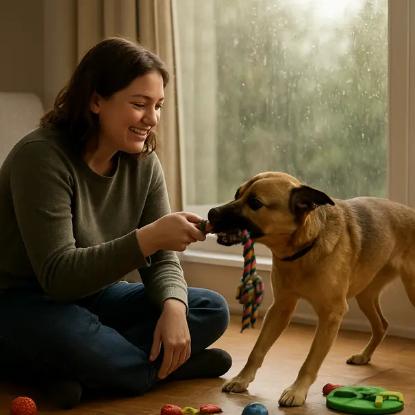 Pet carer speelt met een middelgrote gemengde hond bij een raam met regen, interactieve spelletjes en veilige binnenruimte.