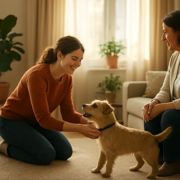 Een pet carer ontmoet de eigenaar en een kleine terriër in een zonnige huiskamer, ontspannen sfeer.
