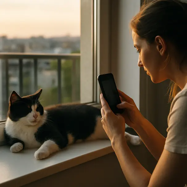 Cat sitter scatta una foto di un gatto bianco e nero rilassato sul davanzale, luce dorata, vista della città sullo sfondo