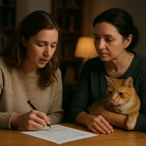 Cat sitter e proprietario discutono documenti su un tavolo, checklist visibile, lampada accesa e atmosfera serale nell'appartamento