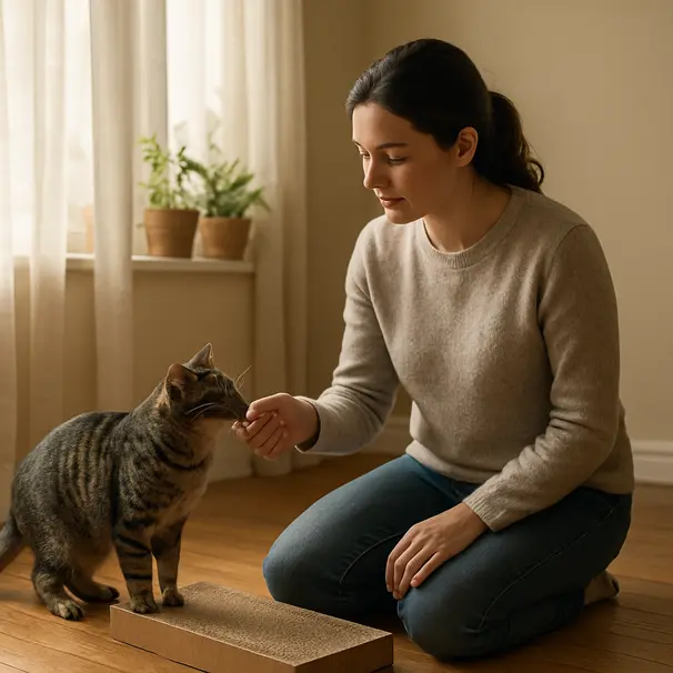 Cat sitter accovacciata mentre un gatto tabby curioso annusa la sua mano, interno domestico soleggiato, dettagli di piante e tiragraffi