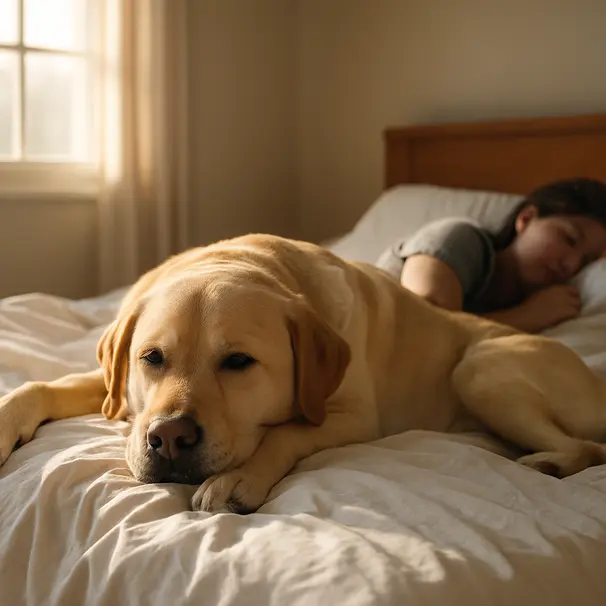 Cane di taglia medio-grande sdraiato sul letto vicino a una persona alla luce del mattino.