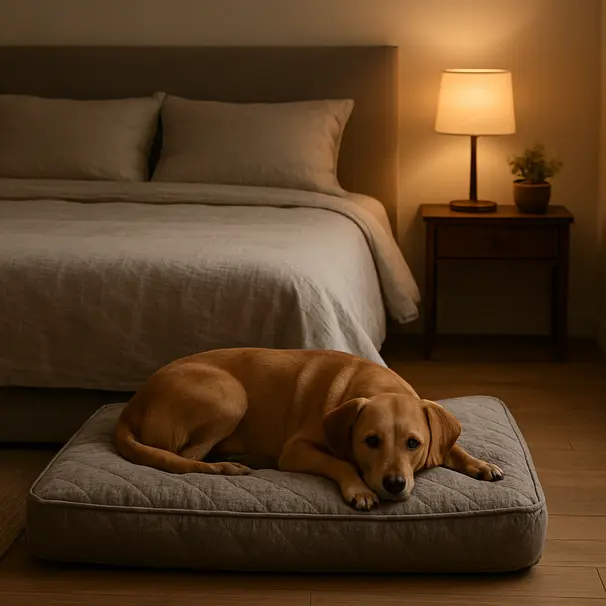 Cane sdraiato sul proprio materassino ai piedi del letto, interno della camera.