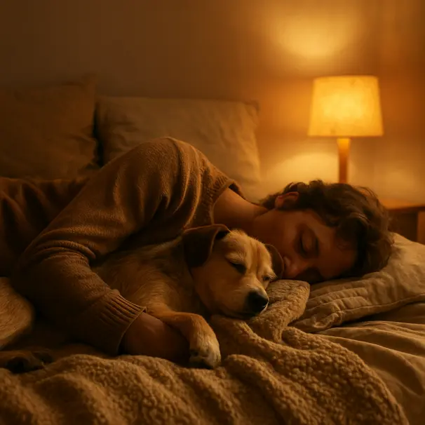 Persona che dorme nel letto abbracciata a un cane piccolo in una camera accogliente.
