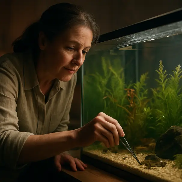 En pet carer mater bunnlevende fisk i et stort akvarium, bruker pinsett og observerer fiskene nøye