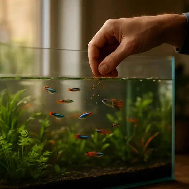 Person mater tropiske akvariefisk ved et innendørs akvarium, fiskene samler seg ved overflaten