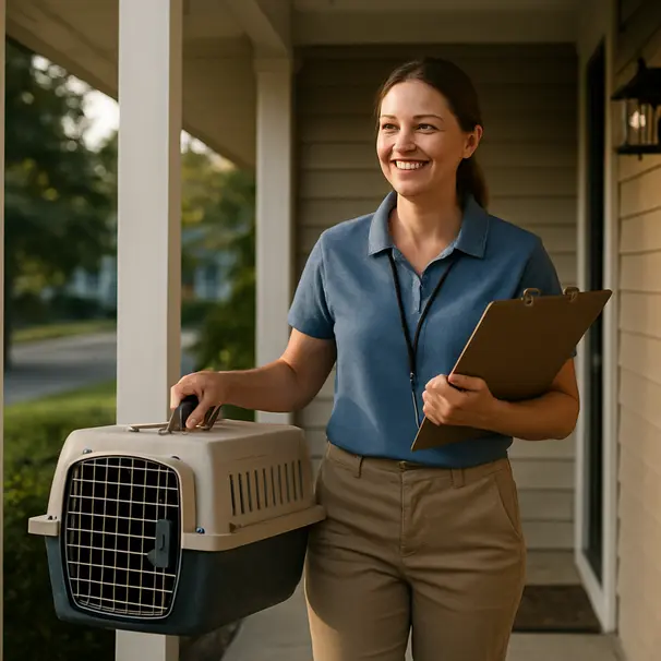 Pet carer at a suburban front porch holding a travel carrier and clipboard, arriving to care for a small pet hamster.