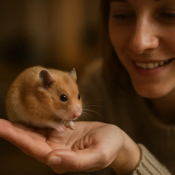 Person gently hand-feeding a golden hamster on their palm indoors, close-up showing whiskers and calm interaction.