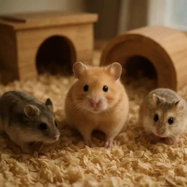 Three different hamster species—the golden Syrian, a dwarf Campbell, and a Roborovski—exploring a cozy indoor habitat with wooden hideouts and soft bedding.