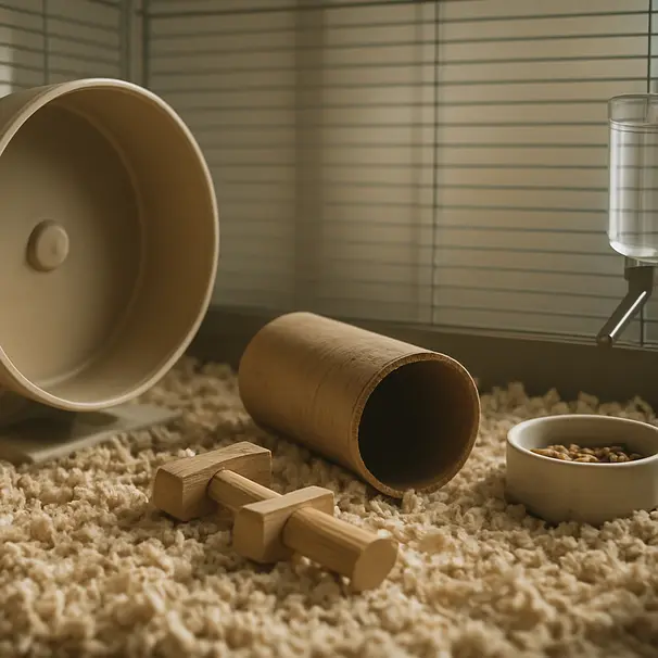Spacious hamster cage interior with a running wheel, tunnels, chew toys, food bowl, and water bottle on paper-based bedding in morning light.