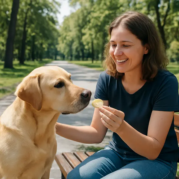 Medium-sized Labrador sniffing a plain baked potato slice from a pet carer on a bench in a sunny park with trees
