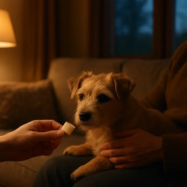 Small terrier curled in caregiver's lap in a cozy living room at dusk receiving a tiny cube of plain mashed potato