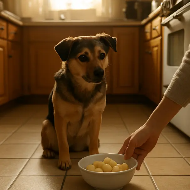 Small mixed-breed dog in a sunny kitchen waiting near a bowl of plain boiled potato cubes on the floor while a person offers the treat