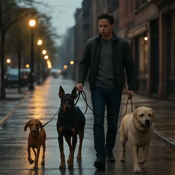 Pet carer che porta a spasso tre cani di diverse razze su un marciapiede cittadino al crepuscolo, luci della città